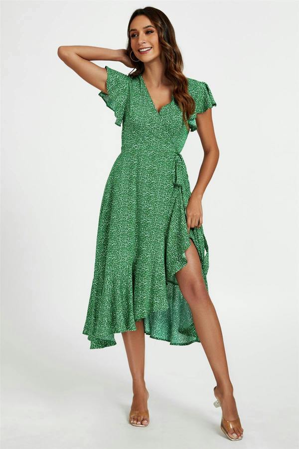 FS Collection Little Floral Frill Sleeve Midi Wrap Dress In Green