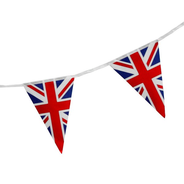 Union Jack flag bunting featuring vibrant red, white, and blue triangular flags, strung along a white cord, ideal for celebrations