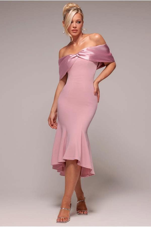 Twist Knot Satin & Scuba Bardot High Low Midi Dress - Blush Pink DR4617