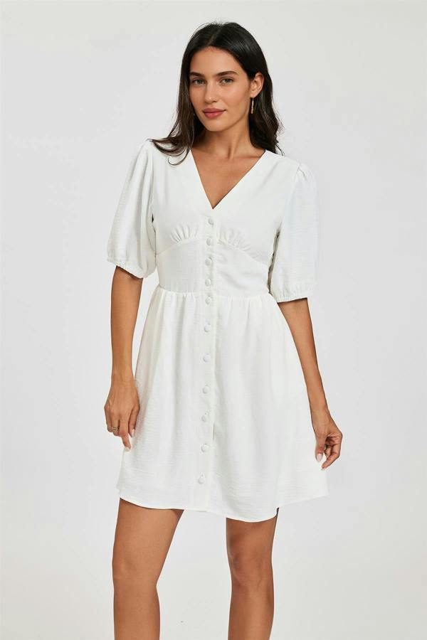 FS Collection Puff Sleeve Button Down Mini Dress In White