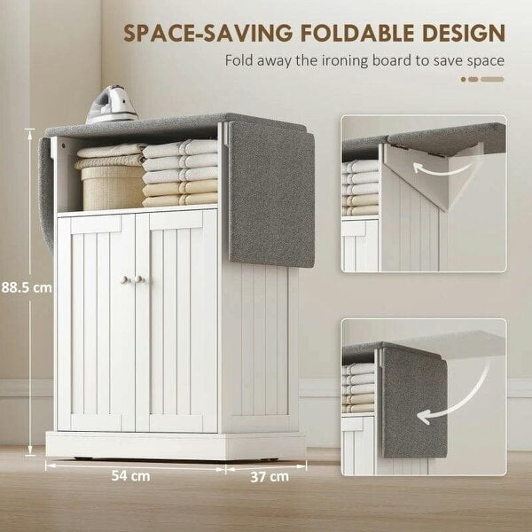 Ironing Board Cabinet on Wheels with Foldable Top, Mobile Storage Cabinet with Ironing Board, Open Compartment, White