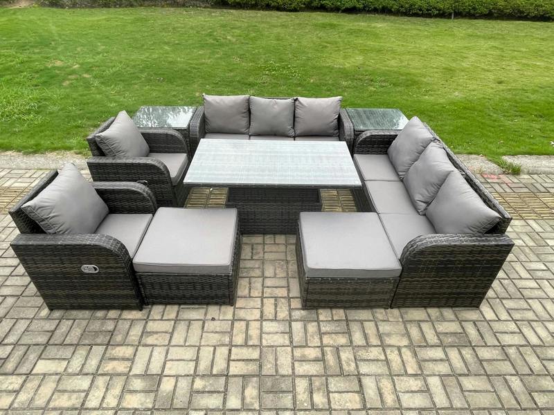 Fimous Rattan Garden Furniture Patio Set, Adjustable Height Dining Table, Reclining Chair Sofa, 2 Side Tables, 2 Big Footstools, Dark Grey Mixed
