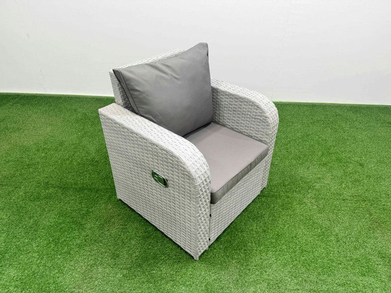 Fimous 9 Seater Outdoor Reclining Chair Love Sofa Set Rattan Garden Furniture Set with Rectangular Dining Table 3 Stools 2 Side Table Light Grey