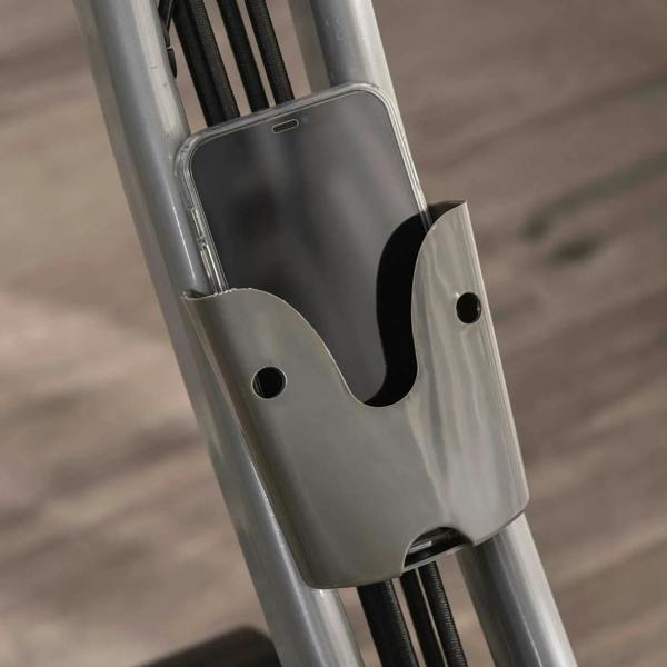Grey seat support bracket with pivoted backrest mount and black resistance rails