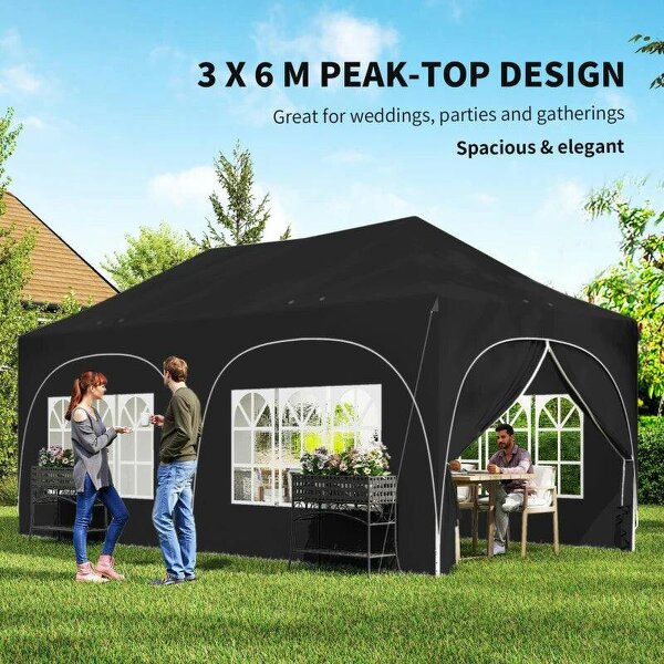Bobobiy 3 x 6m Pop Up Gazebo Shelter with Sides, 6 Sandbags, Peak Top Garden Party Tent Marquee with Carry Bag, Black