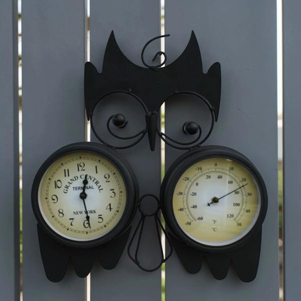 The Garden Marketplace Owl Design Clock with Thermometer in Black Metal, Wall Mounted Indoor or Outdoor Feature with Mounting Bracket, 15cm Clock Face