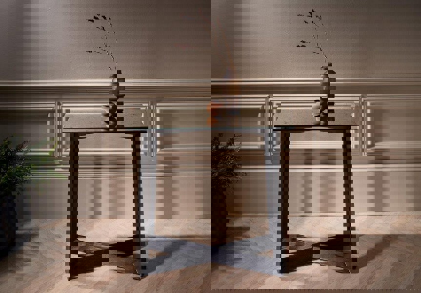 Cadiz Small Console Table with Antiqued Mirrored Glass (Foxed) Top & Natural Black Oak Base by Gillmore British Design © GillmoreSPACE Limited