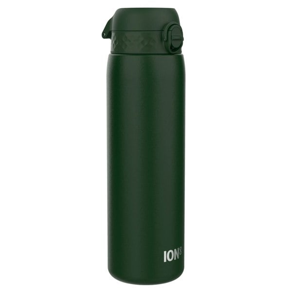 A dark-green ION8 water bottle stands upright against a white background. The bottle has a dark-green screw-top lid.