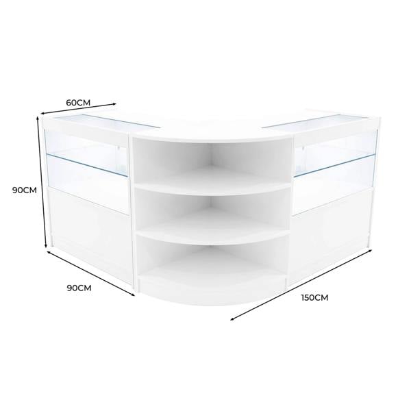 Curved white LED shop counter set with glass display shelves, measuring 150cm wide, 90cm high, and 60cm deep, ideal for retail spaces
