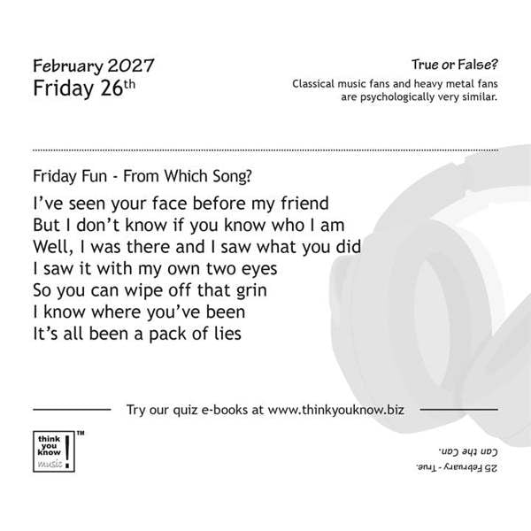 Think You Know Music? Desk Calendar 2027, Desk Calendars, Day To View, Entertainment, Gift