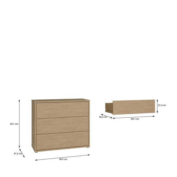 Alice Springs 3 Drawer Chest with Push-to-Open Drawers in Elegancia Oak