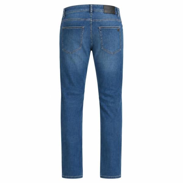 Back view of BOSS Delaware slim-fit blue jeans with a black leather logo patch and classic five-pocket styling.