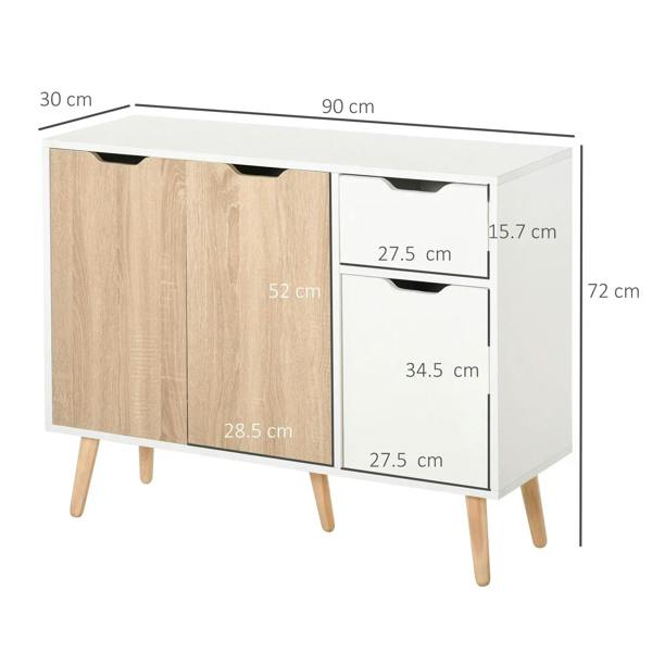 Natural wood and white sideboard with two left doors and two right drawers