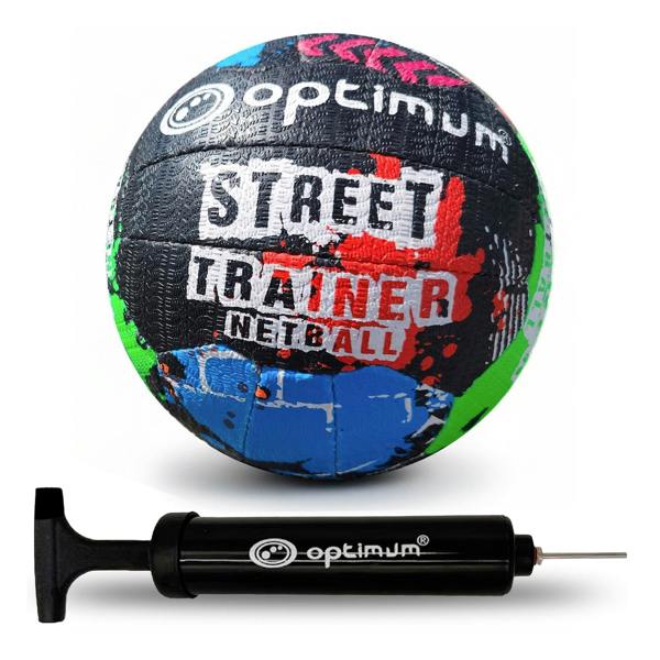 Optimum Street Trainer netball (multicolour splatter) with black Optimum hand pump on white background - Optimum