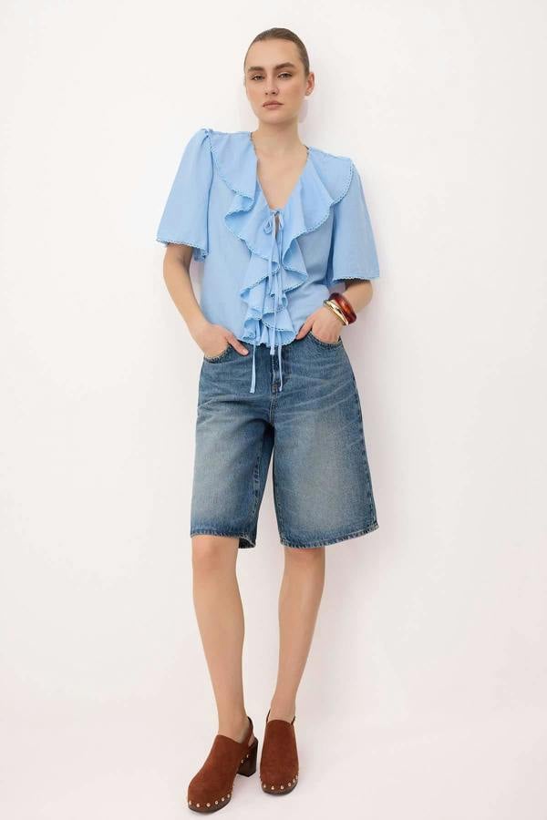 WOVCOR V Neck Tie Front Frill Detail Long Sleeve Blouse