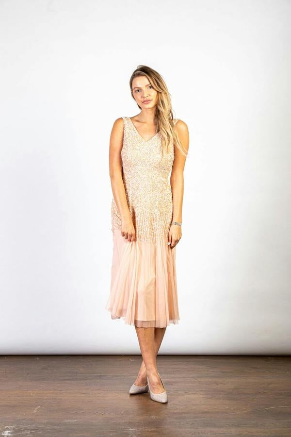LuvForever Peach  Sequin Embellished V- Neck  Midi Dress