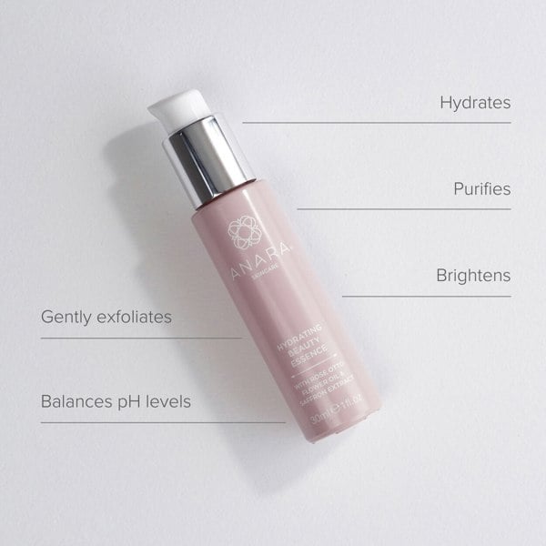 Bottle of Anara Hydrating Beauty Essence with product benefits listed