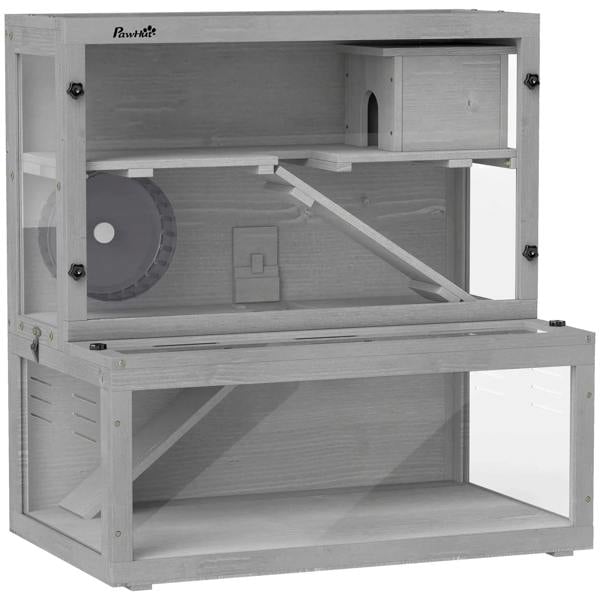 Grey wooden hamster cage with hut, wheel and ramps, removable viewing panels