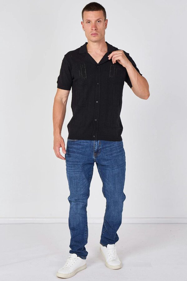 Men's Textured Knitted Button-Through Polo Shirt