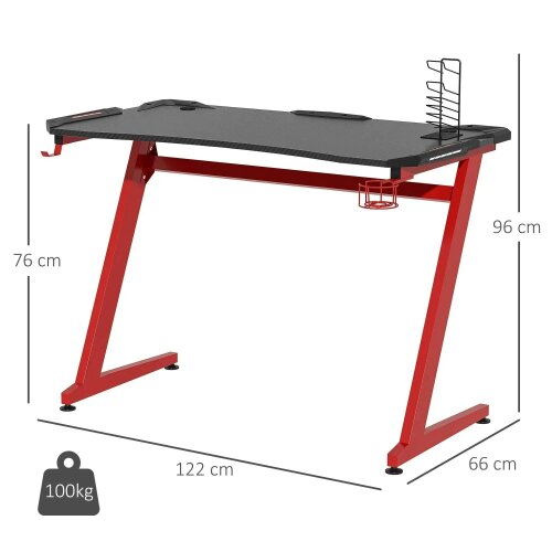122 x 66 cm Gaming Desk, Carbon Fibre Covered Computer Desk, Gamer Workstation - Headphone Hook, Cup Holder & Gamepad Storage Rack
