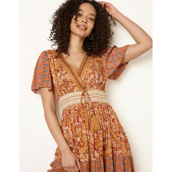 Blue Vanilla Mix Print Beaded Wrap Dress