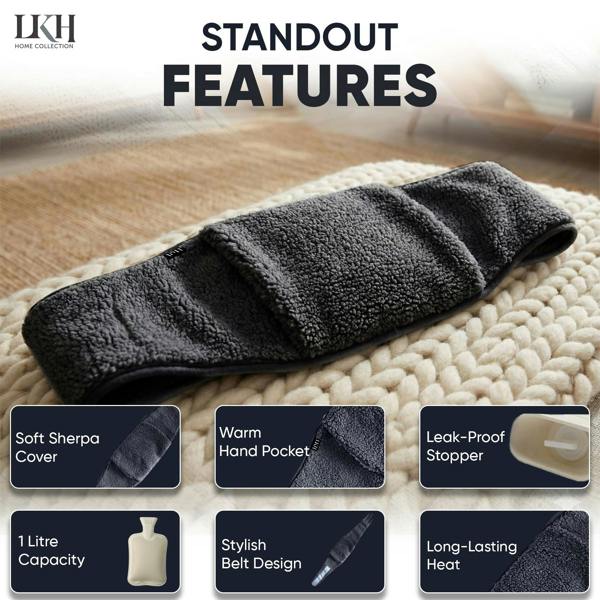 LKH HOME COLLECTION Wearable Hot Water Bottle with Cover UK - 1Litre Wrap Around Hot Water Bottles with Adjustable Belt, Luxurious Sherpa