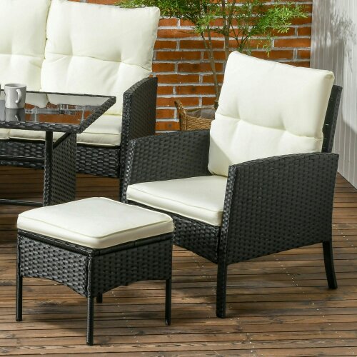 Wyld Haus Coma 7 Seater Black and White Rattan Garden Sofa Set With Armchairs Footstools And Glass Dining Table