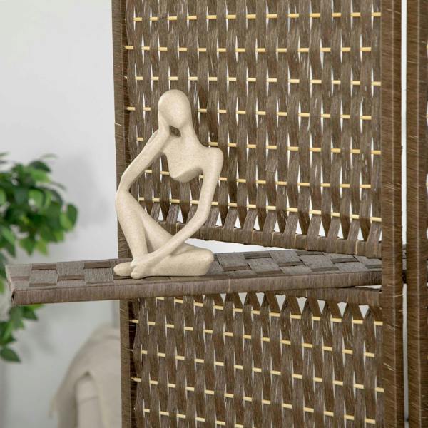 Brown woven privacy screen divider with built-in shelves and decorative display space