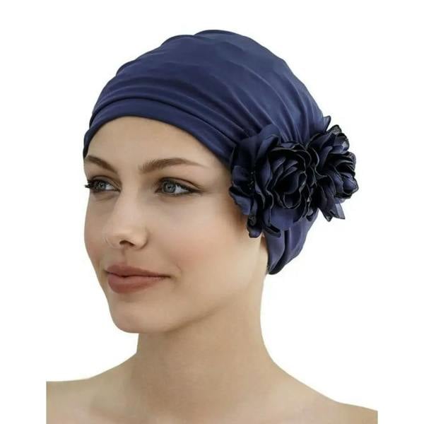 Navy blue Fashy Flower fabric swim cap with satin chemo hat floral design