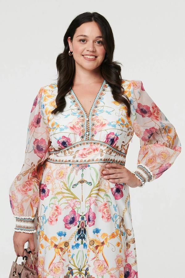 Pink | Curve Floral Border Print Maxi Dress
