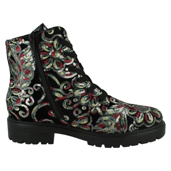 Rieker Ladies Rieker Floral Stitch and Sequin Design Combat Boots Z2841