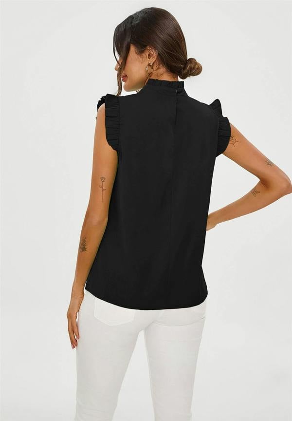 FS Collection Frill Trim Sleeve High Neck Blouse Top In Black