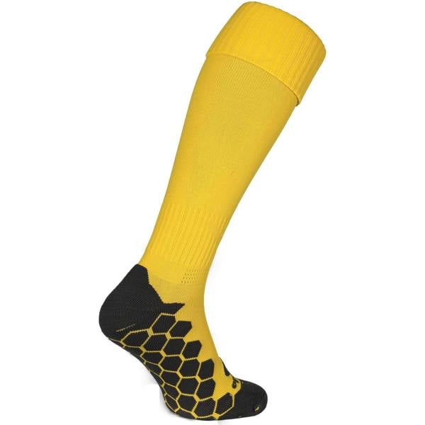 Single yellow Classico football sock, angled rear view with black hexagonal grip sole - Optimum