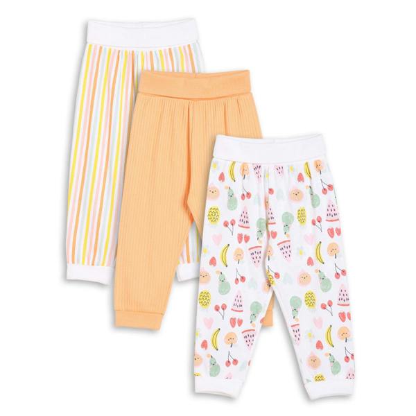 Mini Cuddles Baby Girls 3pk Fruits Print, Solid And Striped Leggings, Multicolour