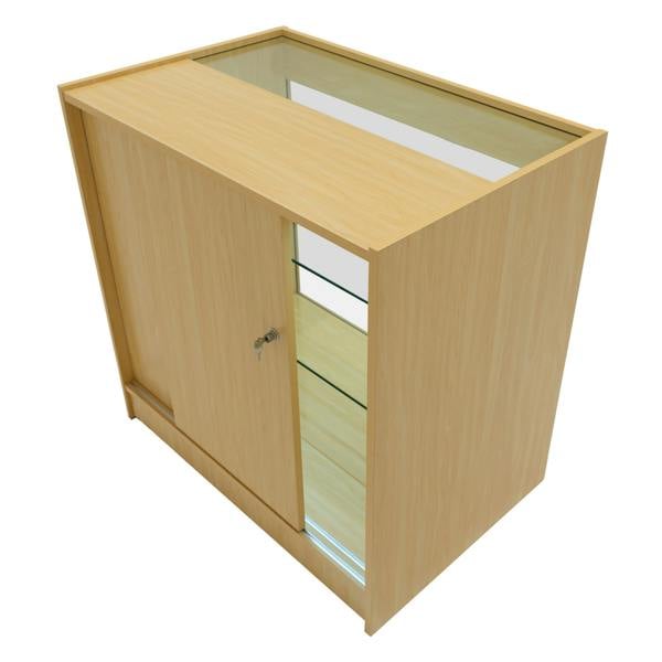 Astro LED Shop Counter Set in maple finish, featuring a sleek design, glass display top, and a secure sliding door for storage