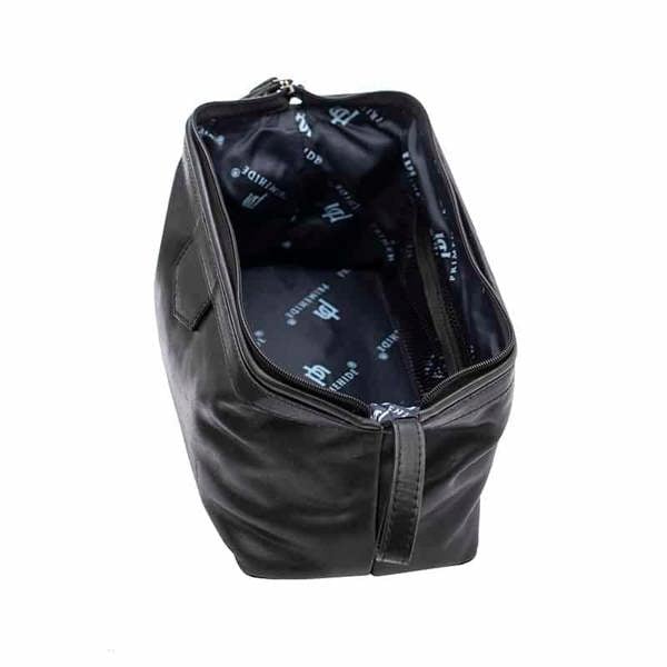Open view of Black leather washbag on a white background