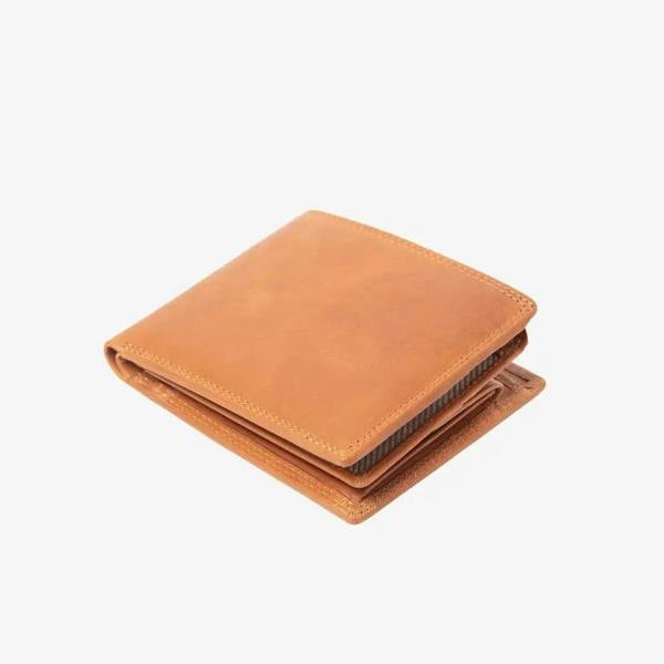 Top view of Tan leather wallet on a white background