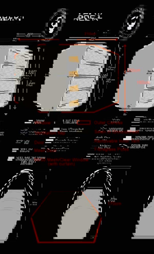 An info graphic of the Abberley XL 4 Berth Tent by OLPRO depicting the dimensions of the tent.