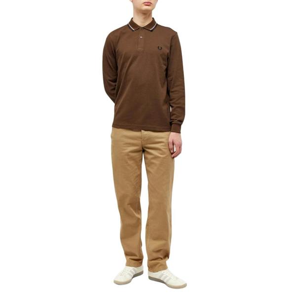 Fred Perry Black Twin Tipped Collar Burnt Tobacco Long Sleeve Polo Shirt XS