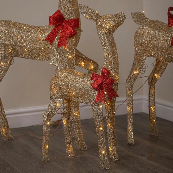 Samuel Alexander Set of 3 Gold Glitter Light Up Reindeer Family with 210 Warm White LEDs & Timer