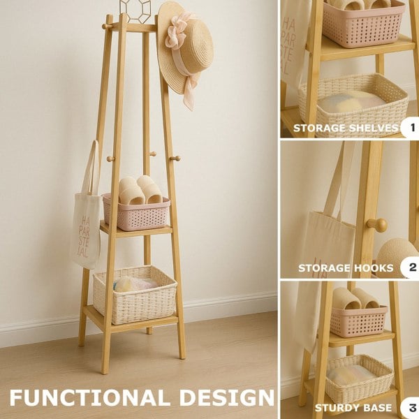 BMBO Wooden Coat Rack Stand With 3 Shelves