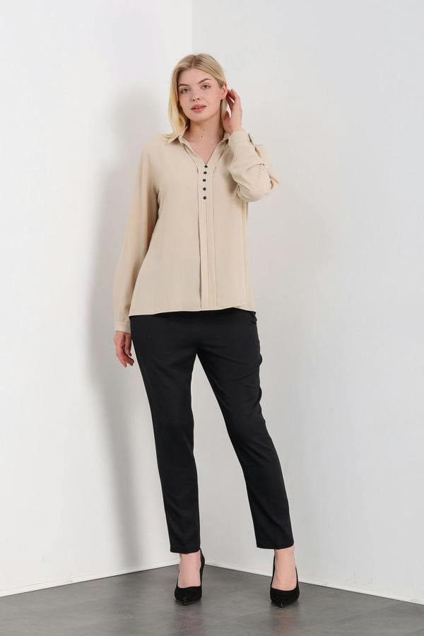 Hoxton Gal Oversized Long Sleeves Blouse Shirt with Button Details in Beige