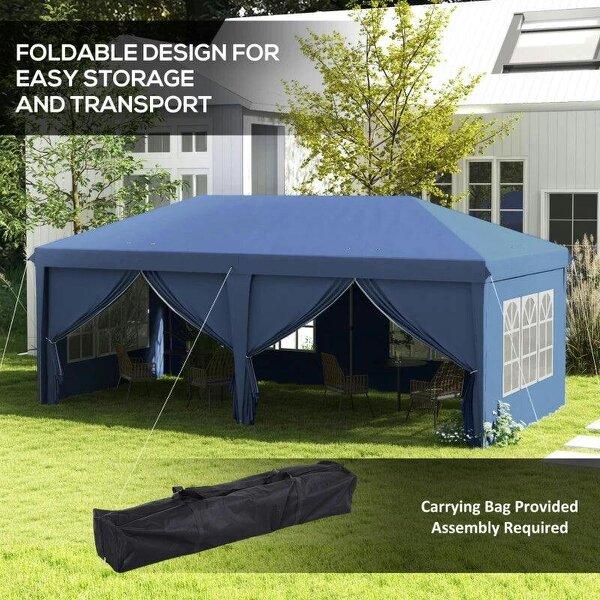3x6m Pop-Up Gazebo, with Curtain Walls and Windows, Blue