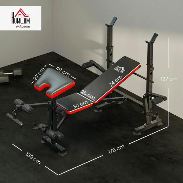 Multi-position weight bench with red-and-black pads and barbell rack stands