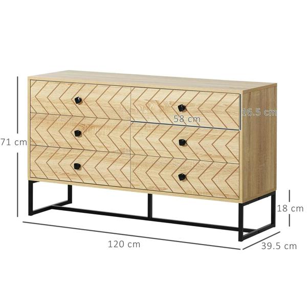 Natural 6-drawer dresser with zigzag front, black metal legs, front side view with dimensions.