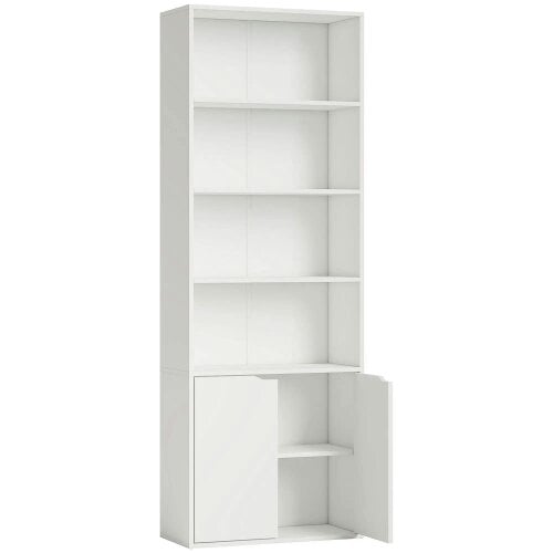 Bobobiy 6-Tier Tall Bookcase, Bookshelf with 4 Open Shelves and Double Door Storage Cabinet, Freestanding Display Rack, 59 x 29 x 180cm, White