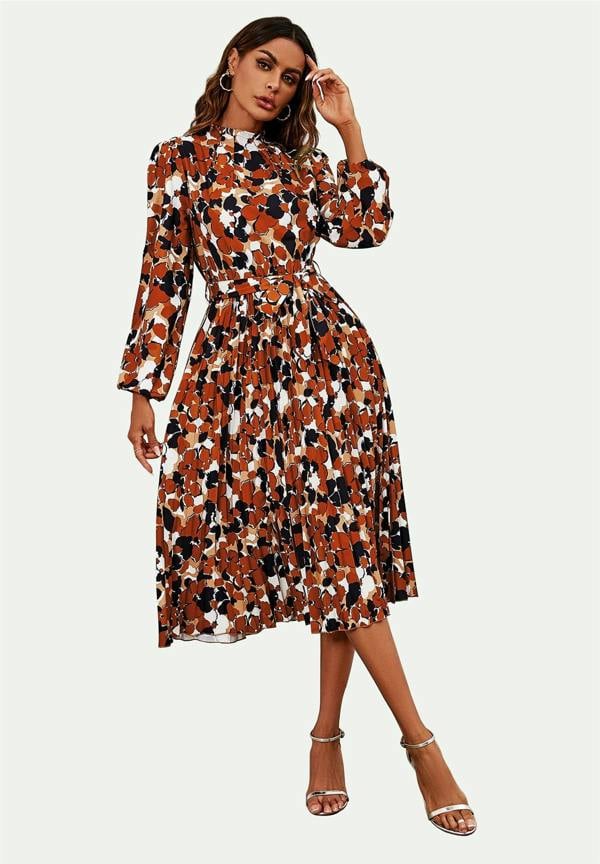 FS Collection High Neck Long Sleeve Midi Dress In Rust