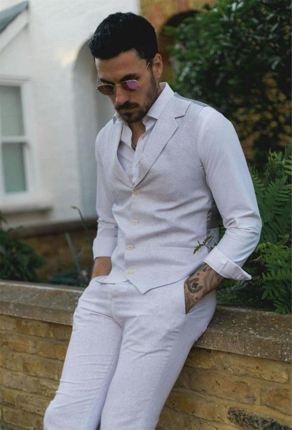 Infinity Leather Men's Summer 2 Piece Suit Linen Formal Grey Waistcoat Trousers