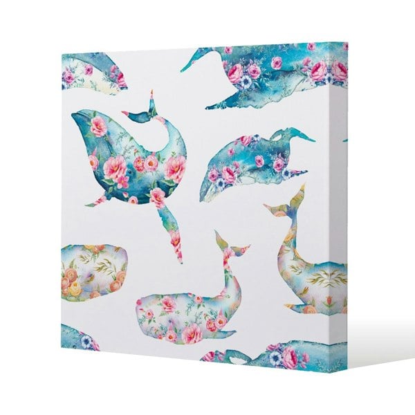 Benjamin Tate Design Whale with flowers Slim Style Canvas Print  90x90cm , 15mm Slim Real wood.
