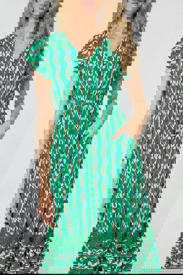 Green | Geo Print Cap Sleeve Lace Midi Dress